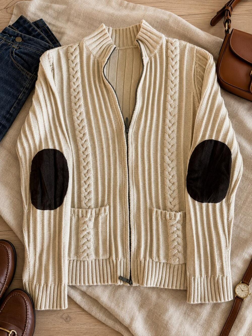 Vintage AK Anne Klein Cable Knit Cardigan Cream Zip Sweater, Brown Elbow Patches